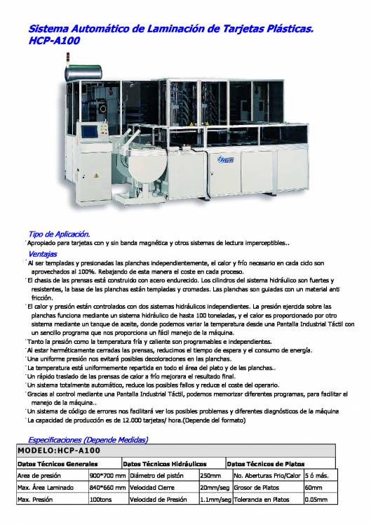 HCP-A100. Sistema Automático de Laminación de Tarjetas Plásticas. 1